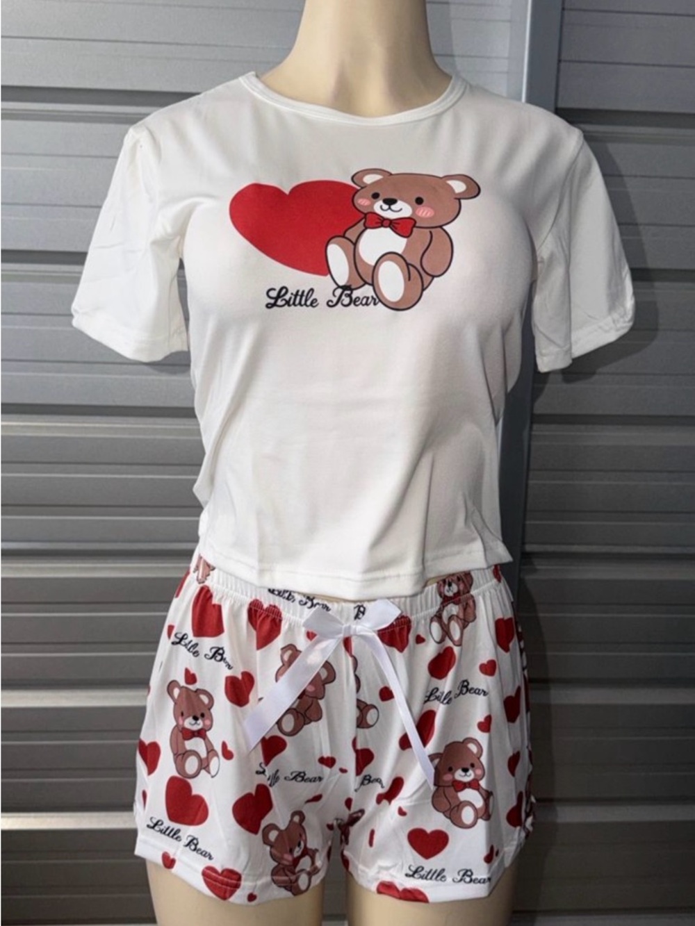 Little Bear White & Red Teddy Pajama Set for Women